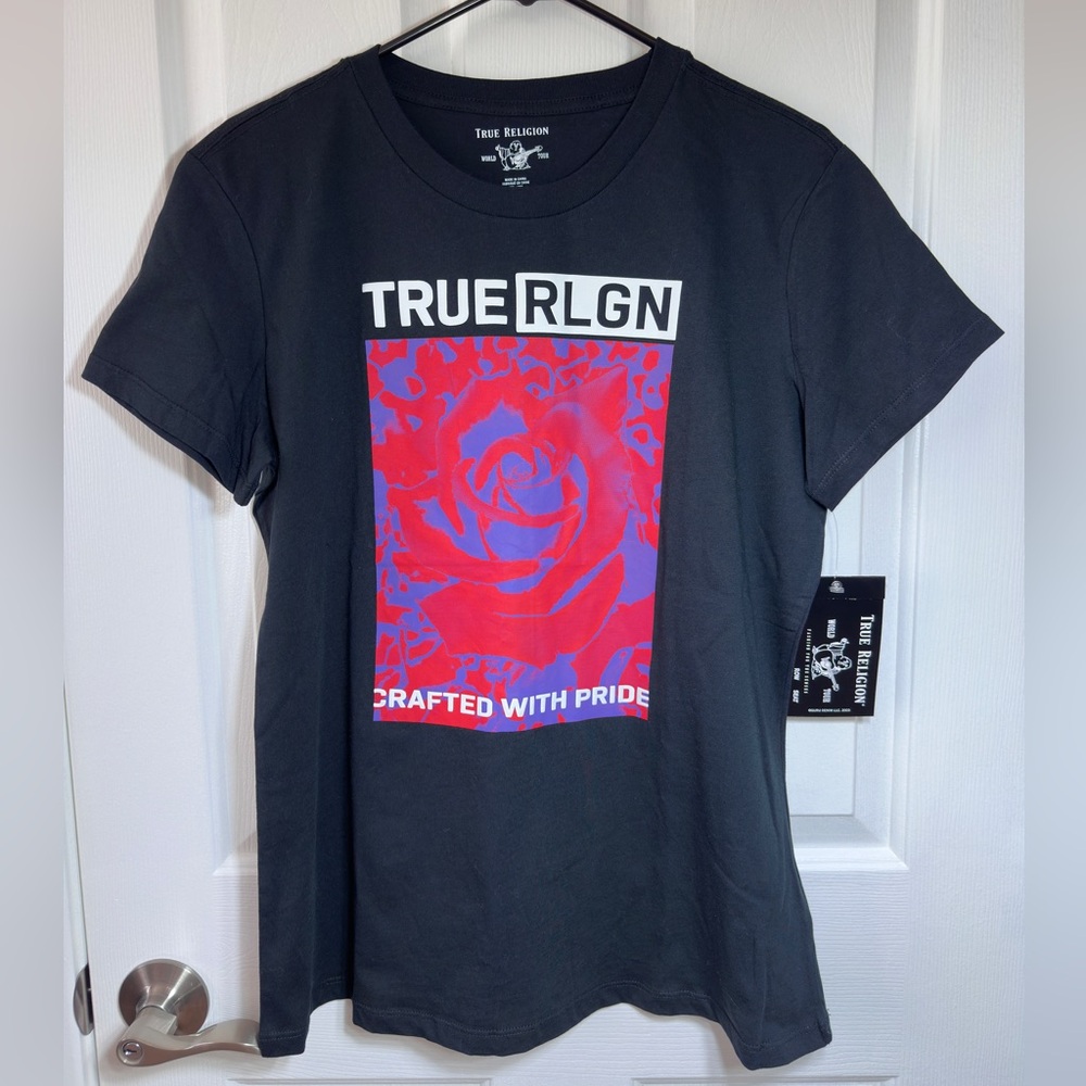 True Religion Kids Black Tee with Vibrant Rose Design